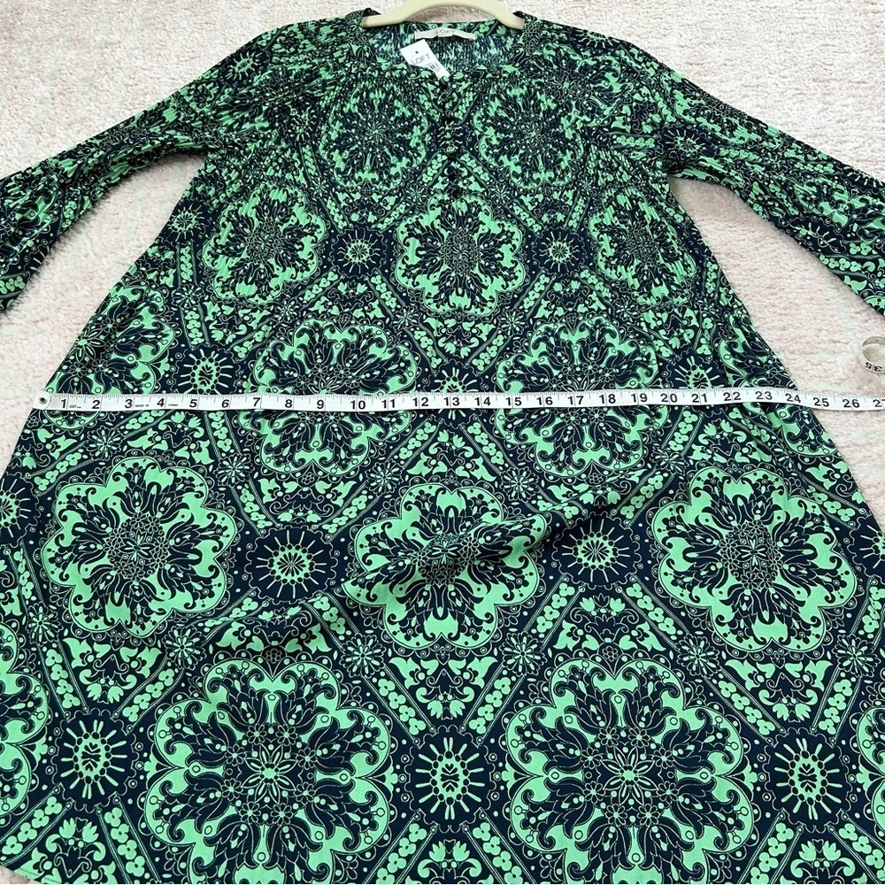 NWT LOFT Green Navy Long Sleeve Dress Knee Length Plisse Pleat Puff Sleeve Small - Picture 9 of 13